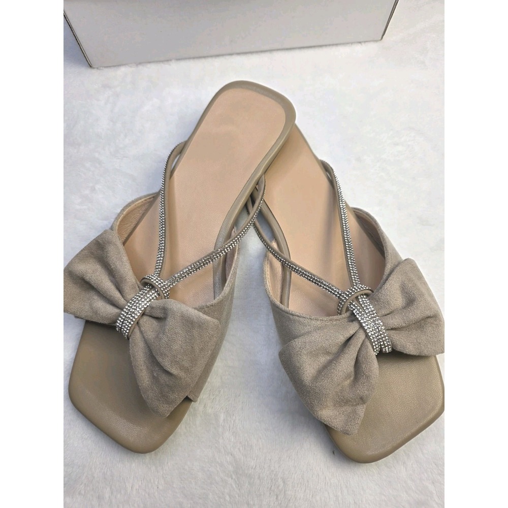 Coquette Glamoratti Taupe Suede Rhinestone Bow Slide Sandals Square Toe Flat 40